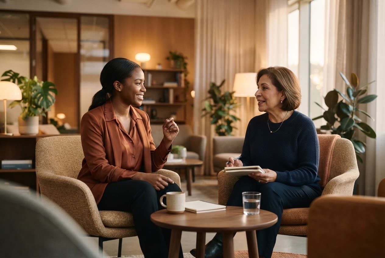 Two people discussing a hiring brief